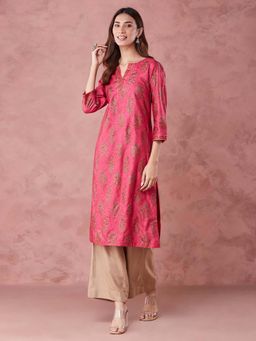 Fabindia - Pink Viscose Silk Hand Block Printed Long Kurta
