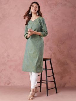 Fabindia - Green Cotton Hand Block Printed Long Kurta