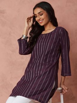 Fabindia - Purple Cotton Blend Woven Short Kurta