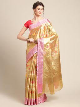 Banarasi Silk Works - Antique Gold Tilfi Jamdani Jaal Border Saree with Unstitched Blouse