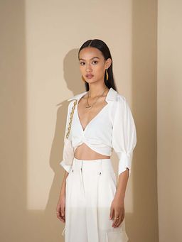 The Dapper Lady - Ivory Knot Shirt Style Crop Top