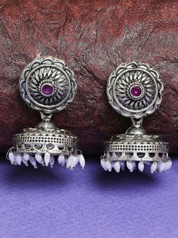 OOMPH - Jewellery Oxidised Silver Pink Stone with Beads Ethnic Jhumka Earrings