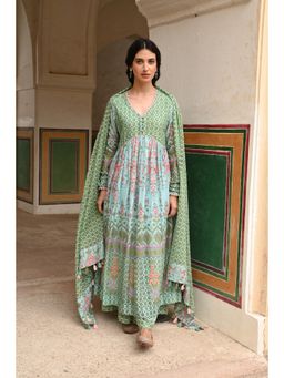 EKOHUM - Green Anarkali Kurta with Palazzo and Dupatta (Set of 3)