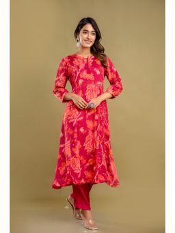 EKOHUM - Floral Red Anarkali Kurta with Pant (Set of 2)