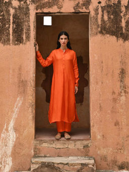 EKOHUM - Orange Solid Kurta with Pant (Set of 2)