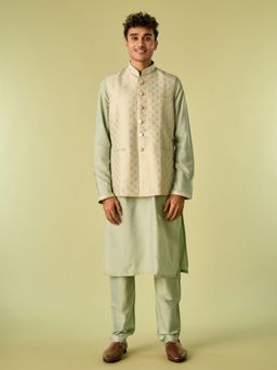 Diwas by Manyavar - Green Viscose Blend Woven Kurta with Jacket and Pyjama