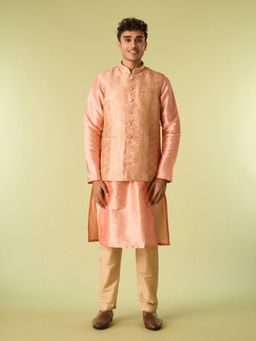 Diwas by Manyavar - Peach Art Silk Woven Kurta with Jacket and Pyjama