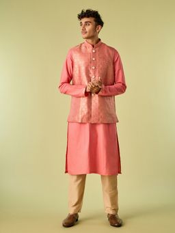 Diwas by Manyavar - Coral Viscose Blend Woven Kurta with Jacket and Pyjama
