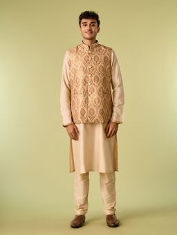 Diwas by Manyavar - Beige Viscose Blend Woven Kurta with Jacket and Pyjama