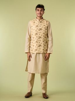 Diwas by Manyavar - Beige Art Silk Woven Kurta with Jacket and Pyjama