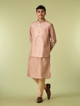 Diwas by Manyavar - Beige Art Silk Thread Work Kurta with Jacket and Pyjama