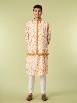 Diwas by Manyavar - Cream Art Silk Printed Kurta with Jacket and Pyjama