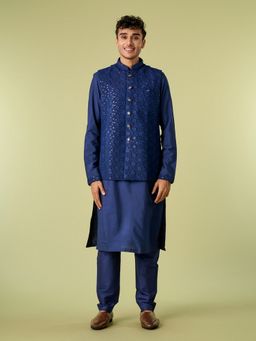 Diwas by Manyavar - Blue Viscose Blend Thread Work Kurta with Jacket and Pyjama