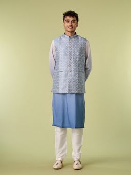 Diwas by Manyavar - Blue Art Silk Woven Kurta with Jacket and Pyjama