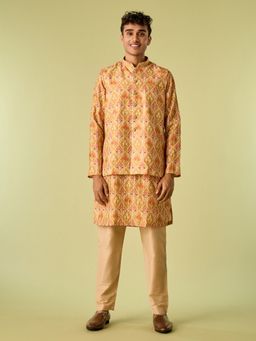 Diwas by Manyavar - Mustard Art Silk Printed Kurta with Jacket and Pyjama