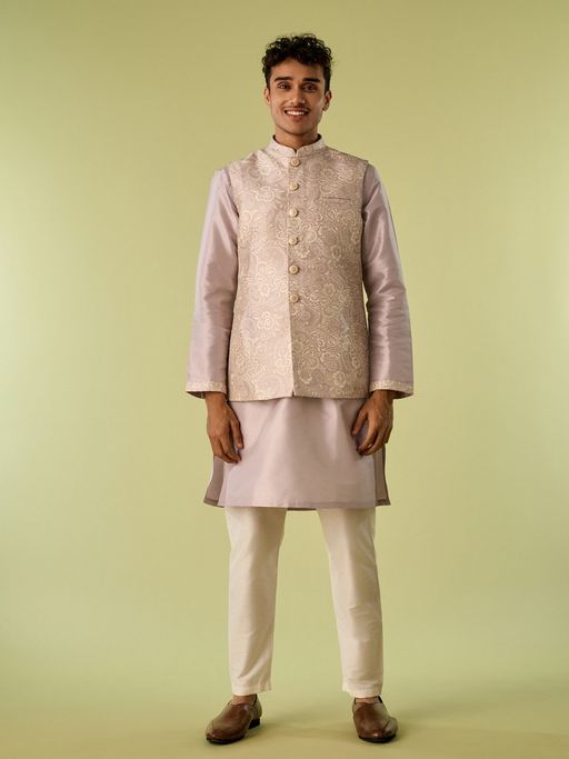 Diwas by Manyavar Lavender Art Silk Woven Kurta with Jacket and Pyjama