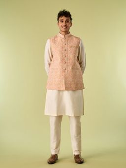 Diwas by Manyavar - Peach Viscose Blend Woven Kurta with Jacket and Pyjama