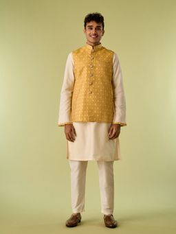 Diwas by Manyavar - Mustard Viscose Blend Zari Kurta with Jacket and Pyjama
