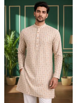 TATTVA - Beige Striped Mandarin Collar Cotton Straight Short Kurta