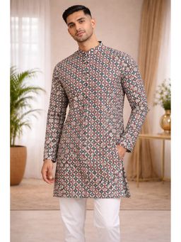 TATTVA - Green Floral Printed Mandarin Collar Cotton Straight Kurta