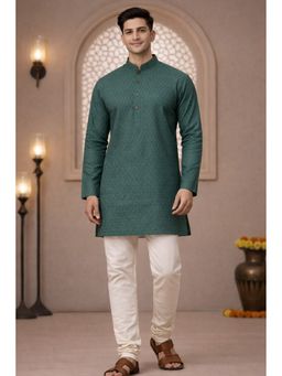 TATTVA - Green Green-Toned Applique Mandarin Collar Kurta