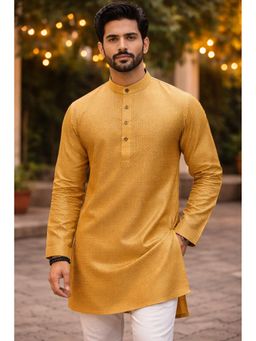 TATTVA - Mustard Woven Design Band Collar Straight Kurta
