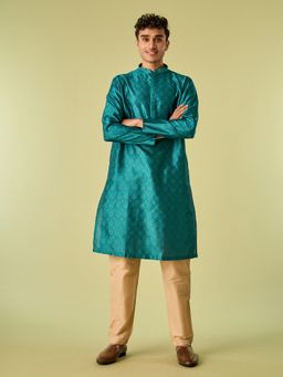 Diwas by Manyavar - Teal Art Silk Thread Work Kurta with Pyjama