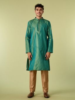 Diwas by Manyavar - Green Art Silk Thread Work Kurta with Pyjama