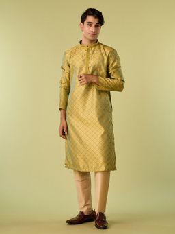 Diwas by Manyavar - Green Art Silk Thread Work Kurta with Pyjama