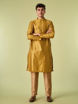 Diwas by Manyavar - Mustard Art Silk Thread Work Kurta with Pyjama