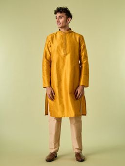 Diwas by Manyavar - Mustard Art Silk Thread Work Kurta with Pyjama