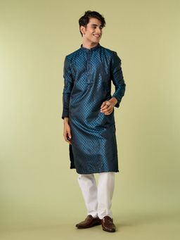 Diwas by Manyavar - Teal Satin Thread Work Kurta with Pyjama