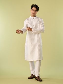 Diwas by Manyavar - White Art Silk Woven Kurta with Pyjama