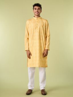 Diwas by Manyavar - Yellow Cotton Blend Printed Kurta with Pyjama