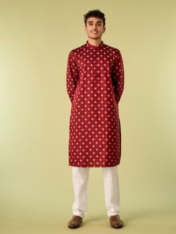 Diwas by Manyavar - Maroon Cotton Blend Printed Kurta with Pyjama