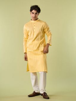 Diwas by Manyavar - Yellow Cotton Woven Kurta with Pyjama