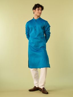 Diwas by Manyavar - Blue Cotton Woven Kurta with Pyjama