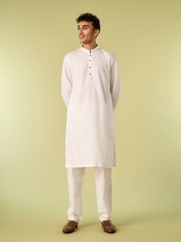 Diwas by Manyavar - White Cotton Blend Plain Kurta with Pyjama
