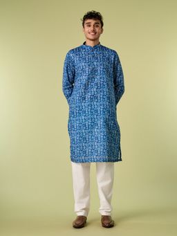 Diwas by Manyavar - Blue Cotton Blend Printed Kurta with Pyjama
