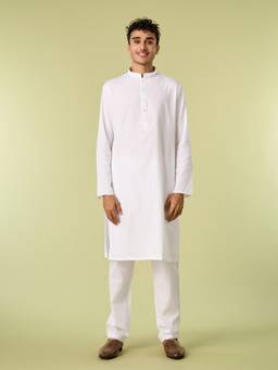 Diwas by Manyavar - White Cotton Woven Kurta with Pyjama