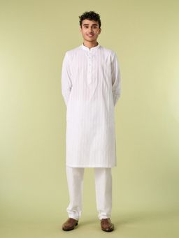 Diwas by Manyavar - White Cotton Woven Kurta with Pyjama