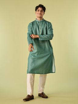 Diwas by Manyavar - Green Cotton Blend Woven Kurta with Pyjama