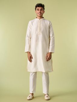 Diwas by Manyavar - Cream Art Silk Thread Work Kurta with Pyjama