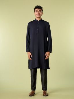 Diwas by Manyavar - Navy Blue Rayon Blend Woven Kurta with Pyjama