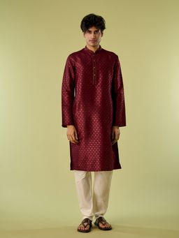 Diwas by Manyavar - Maroon Art Silk Woven Kurta with Pyjama