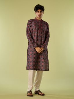 Diwas by Manyavar - Navy Blue Art Silk Printed Kurta with Pyjama