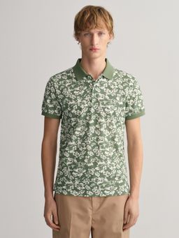 GANT - Men Green Floral Print Pique Polo T-Shirt