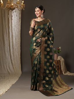 Akhilam - Womens Organza Dark Green Woven Design Designer Saree with Unstitched Blouse