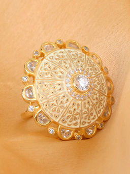 Saraf RS Jewellery - Gold Plated With Cream Colour Ad Studded Handcrafted Adjustable Ring (Adjustable)