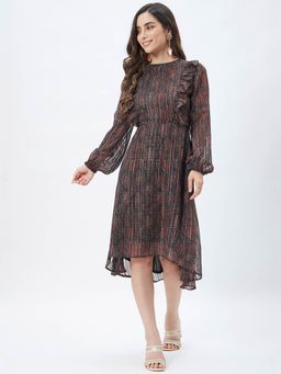 Kibo - Women Black Satin Printed Knee length Dress